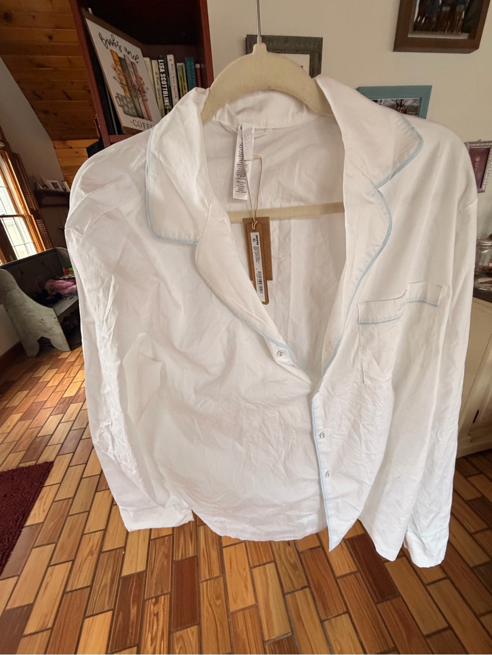 SKIMS White Pajama Shirt with Light Blue Piping
